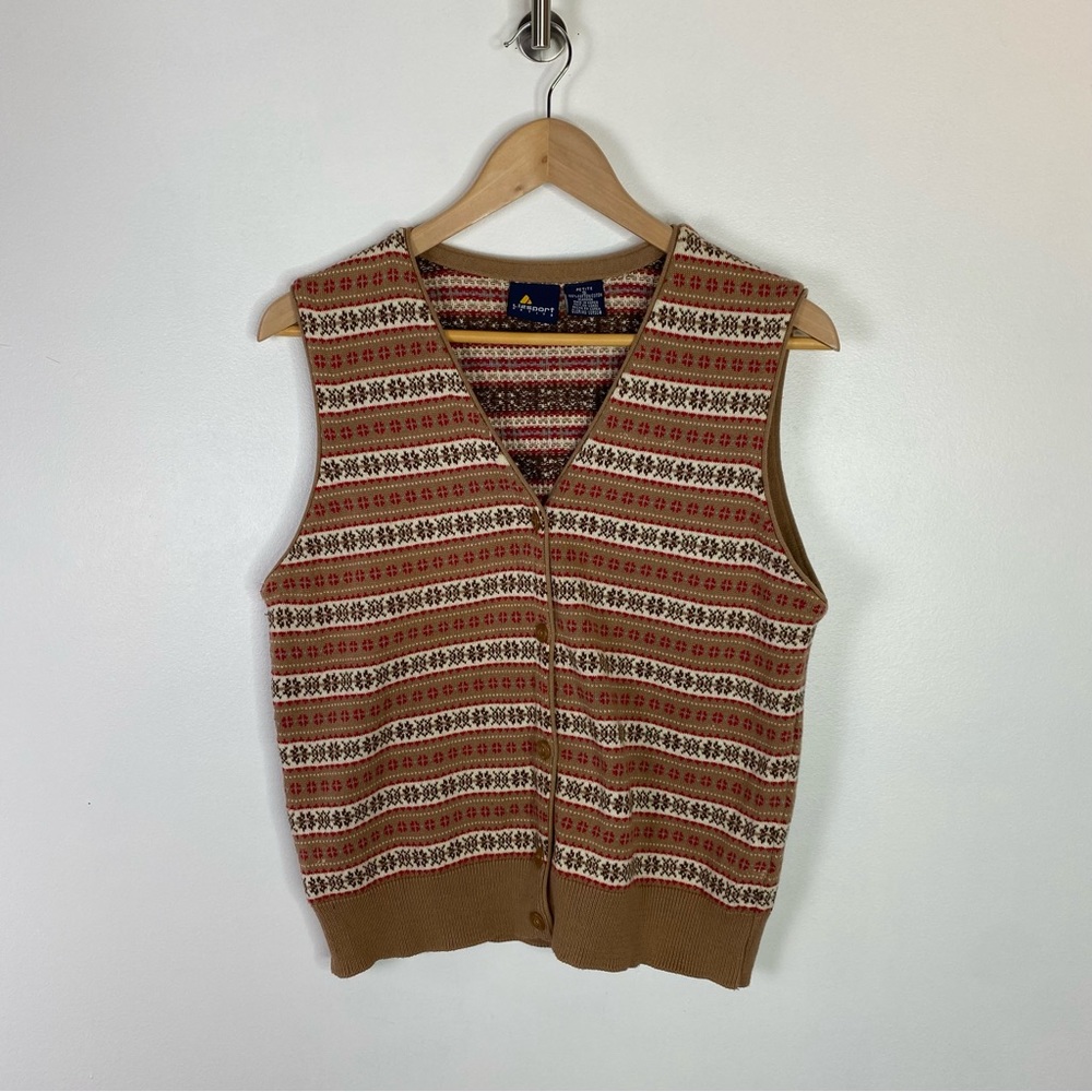 Vintage Lizsport Tan and Red Patterned Sweater Vest Size Small